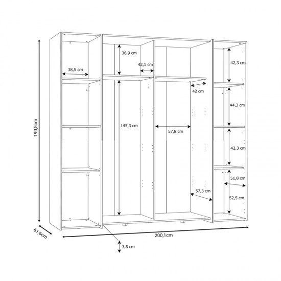 Ντουλάπα ρούχων Closet pakoworld τετράφυλλη sonoma oak-λευκό μελαμίνης 200x61.5x190.5εκ